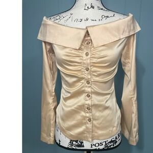 By‎ Anthropologie Collared Silky Off the Shoulder Ruched Button Down, Small NWT